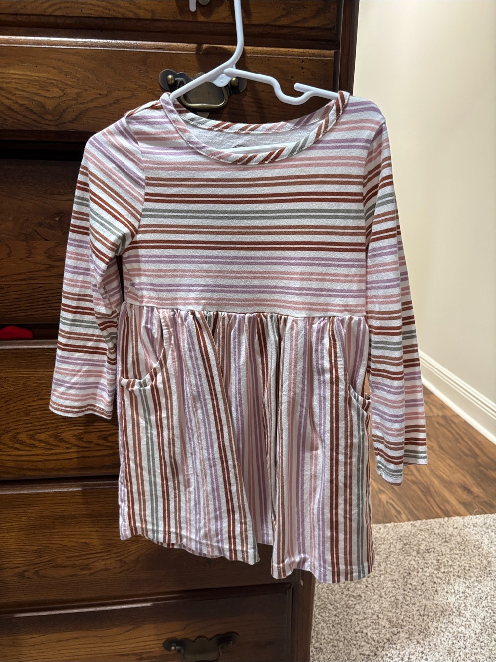 wonder nation Pink, Brown and Cream Striped Long-Sleeve Pocket Dress